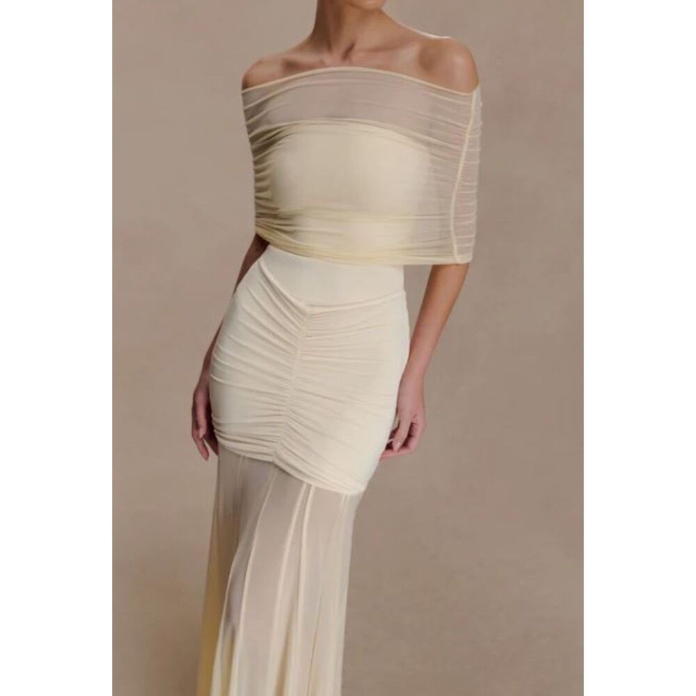 MESHKI Caspian SLinky Mesh off shoulder Maxi Dress in Ivory XXS Fitted Stretch